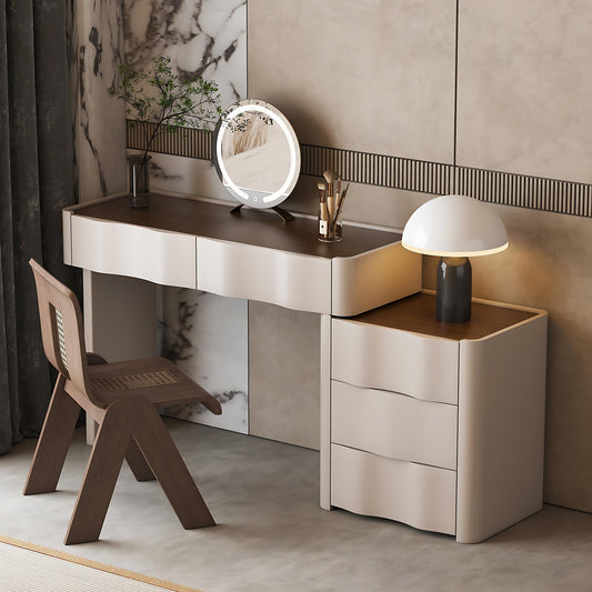 32''-47''Wave Shaped Makeup Vanity with Stool and Smart LED Light Mirror,Walnut Veneer Top