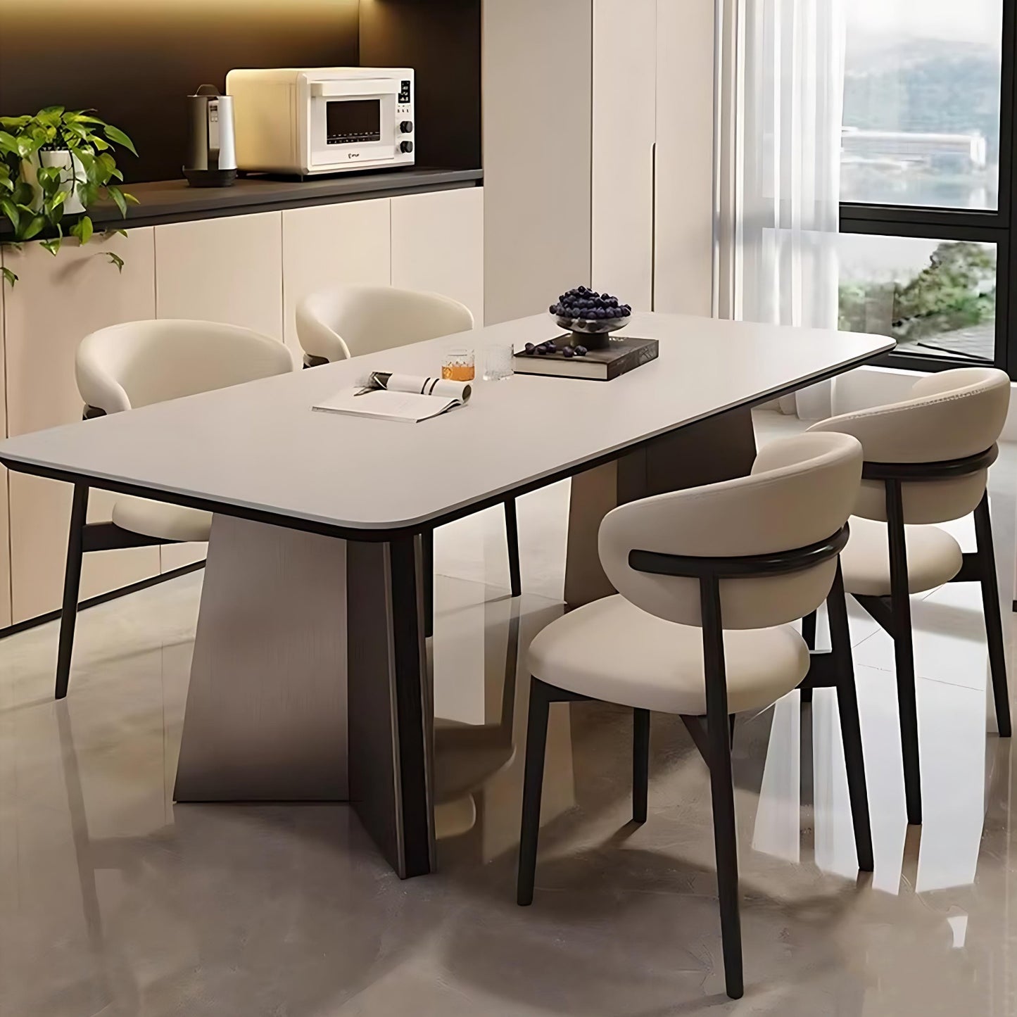 55''-71''Dining Table with 4 Chairs & Sintered Stone Top,Stainless Steel Legs