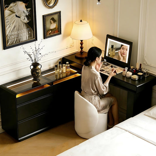 47''Vanity Set with Flip up Smart Mirror and Tempered Glass Top & LED Ambient Light,Stool