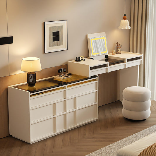 47''Makeup Vanity with Flip Smart Mirror and Stool,Tempered Glass Top & LED Ambient Light