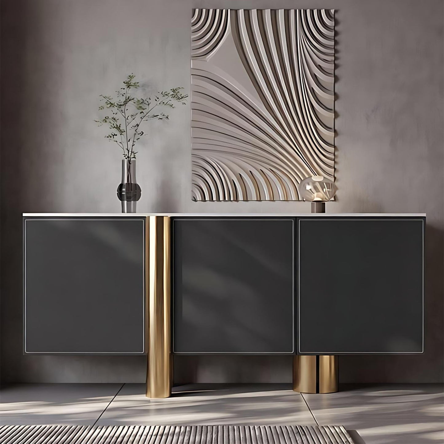 47''-71'' Leather Shoe Cabinet with Rock Slab Top and Stainless Steel Base,Solid Wood