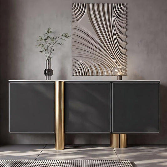 47''-71'' Leather Shoe Cabinet with Rock Slab Top and Stainless Steel Base,Solid Wood