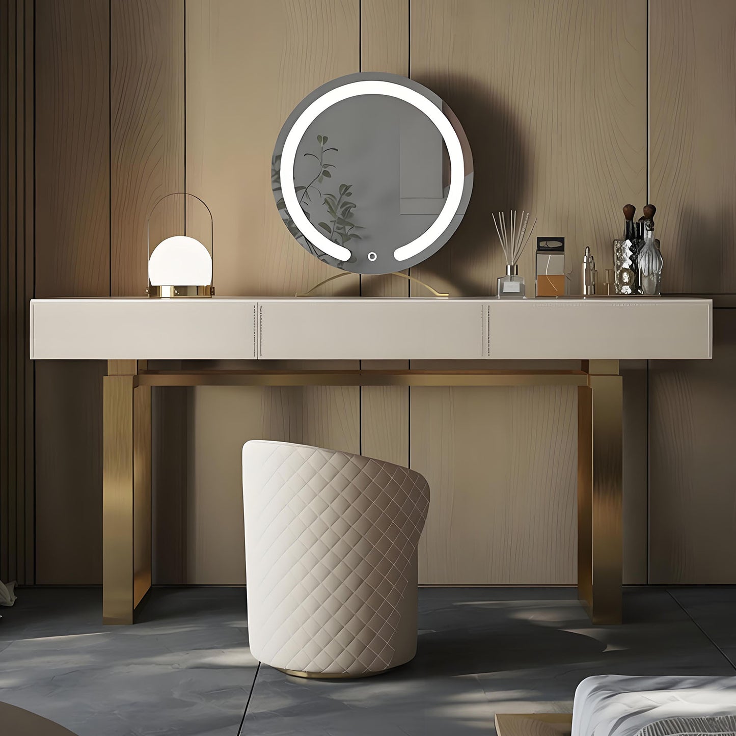 55''-71'' Leather Vanity Desk with Rock Slab Top and Smart LED Mirror & Stool,Solid Wood