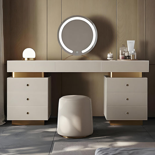 55''-71'' Leather Makeup Vanity with 2 Cabinets and Smart LED Mirror & Stool,Rock Slab Top