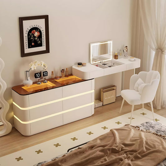 32''-47''Leather Vanity with Tempered Glass Top and LED Light & Flip up Smart Mirror,Stool