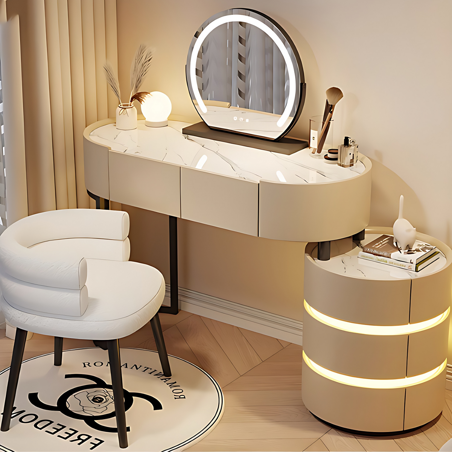 39''-47'' Vanity Desk with Smart Mirror & LED Ambient Light,Rock Slab Countertop and Stool