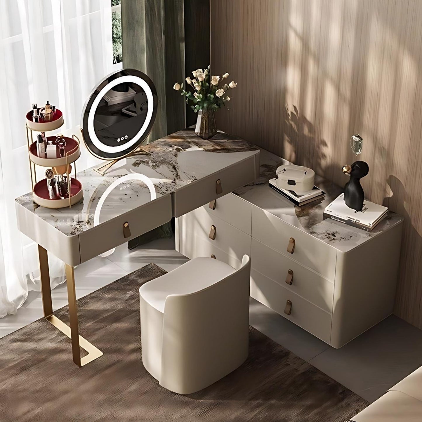 39'' Leather Makeup Vanity with Smart LED Light Mirror and Stool,Rock Slab Desktop