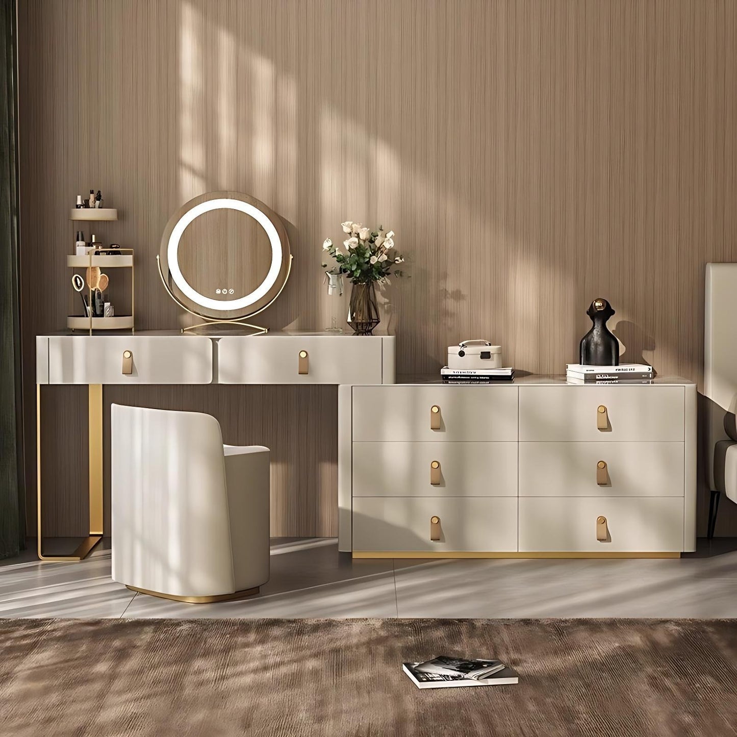 39'' Leather Makeup Vanity with Smart LED Light Mirror and Stool,Rock Slab Desktop