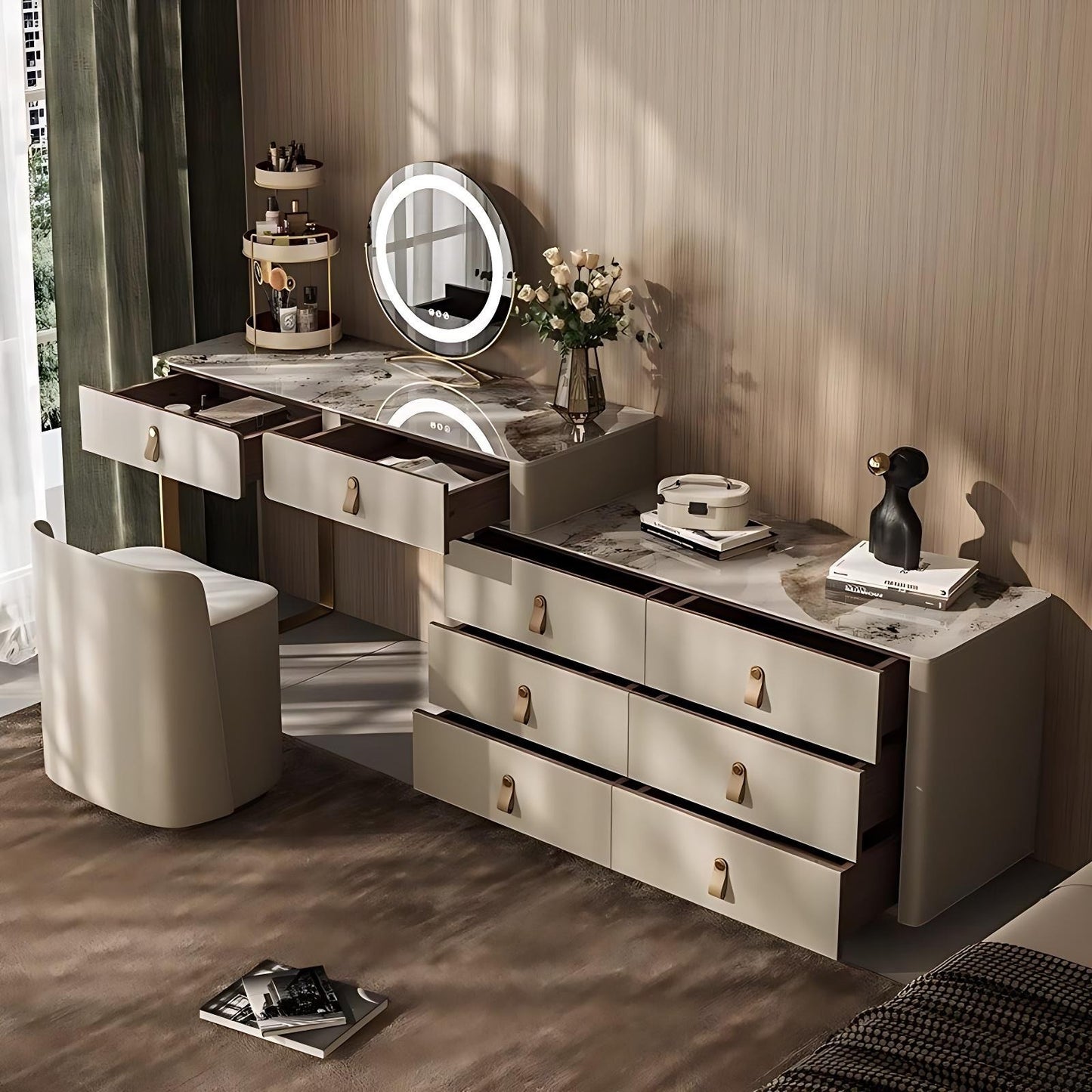 39'' Leather Makeup Vanity with Smart LED Light Mirror and Stool,Rock Slab Desktop