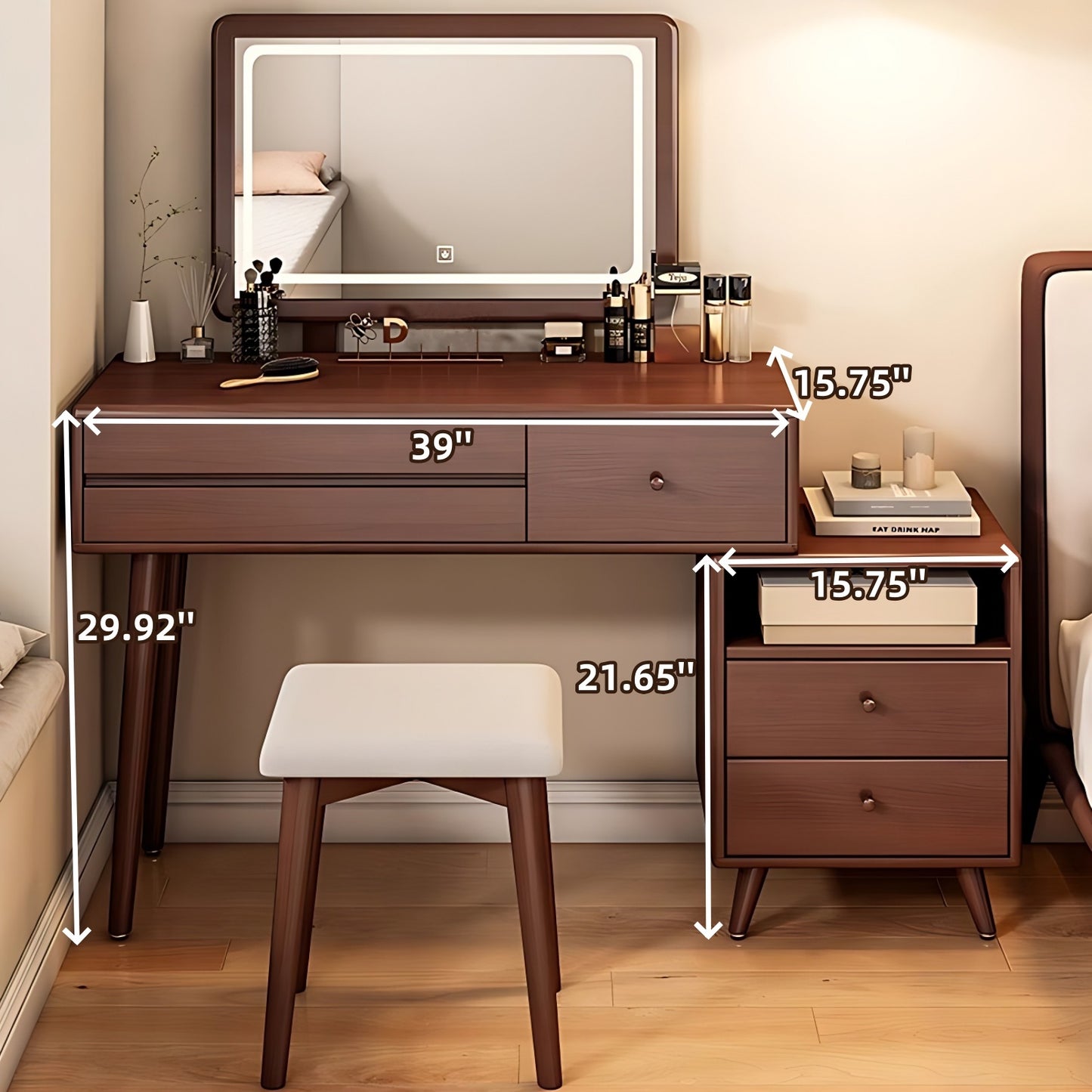 32''-39'' Solid Wood Vanity Desk with Smart LED Light Mirror and Stool,Mid Century