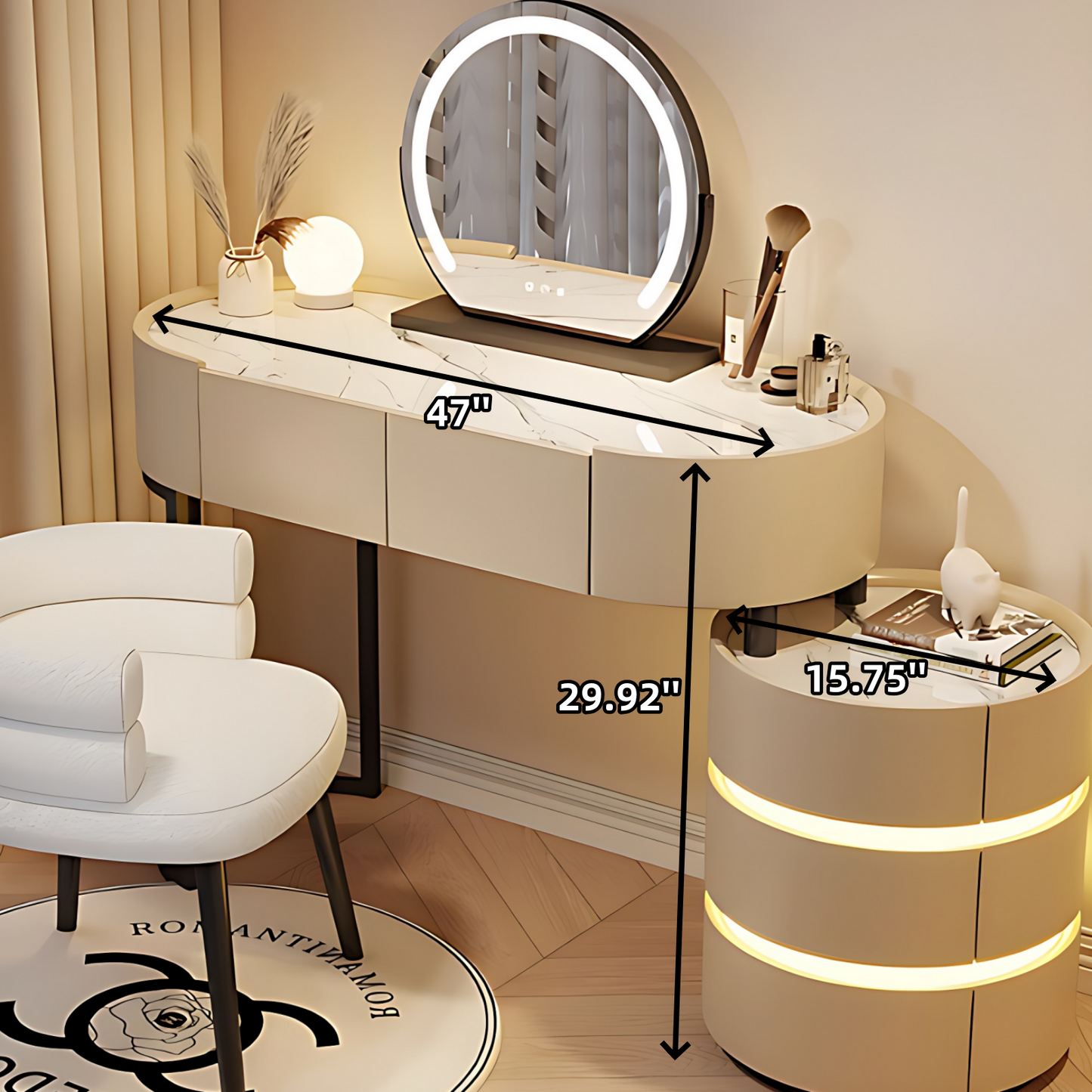 39''-47'' Vanity Desk with Smart Mirror & LED Ambient Light,Rock Slab Countertop and Stool