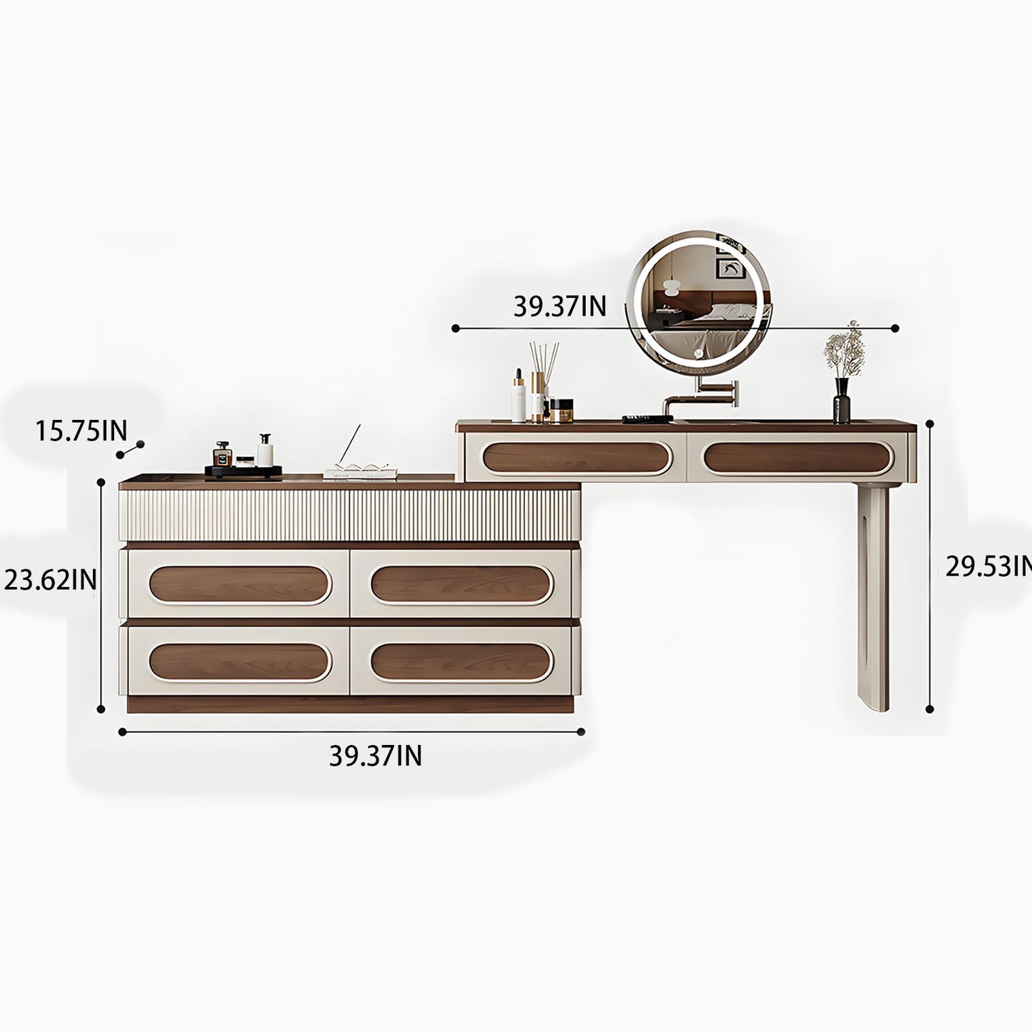 39''-47'' Vanity Set with Tempered Glass Top and LED Ambient Light & Mirror,Stool