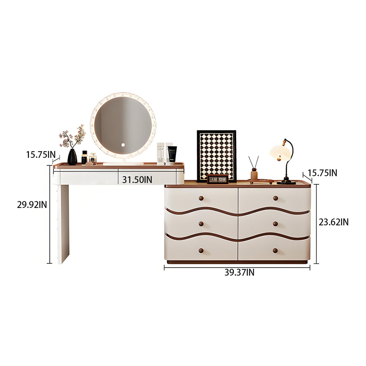 32''-47''Makeup Vanity with Wavy Design and Rock Slab Top,Smart LED Light Mirror & Stool