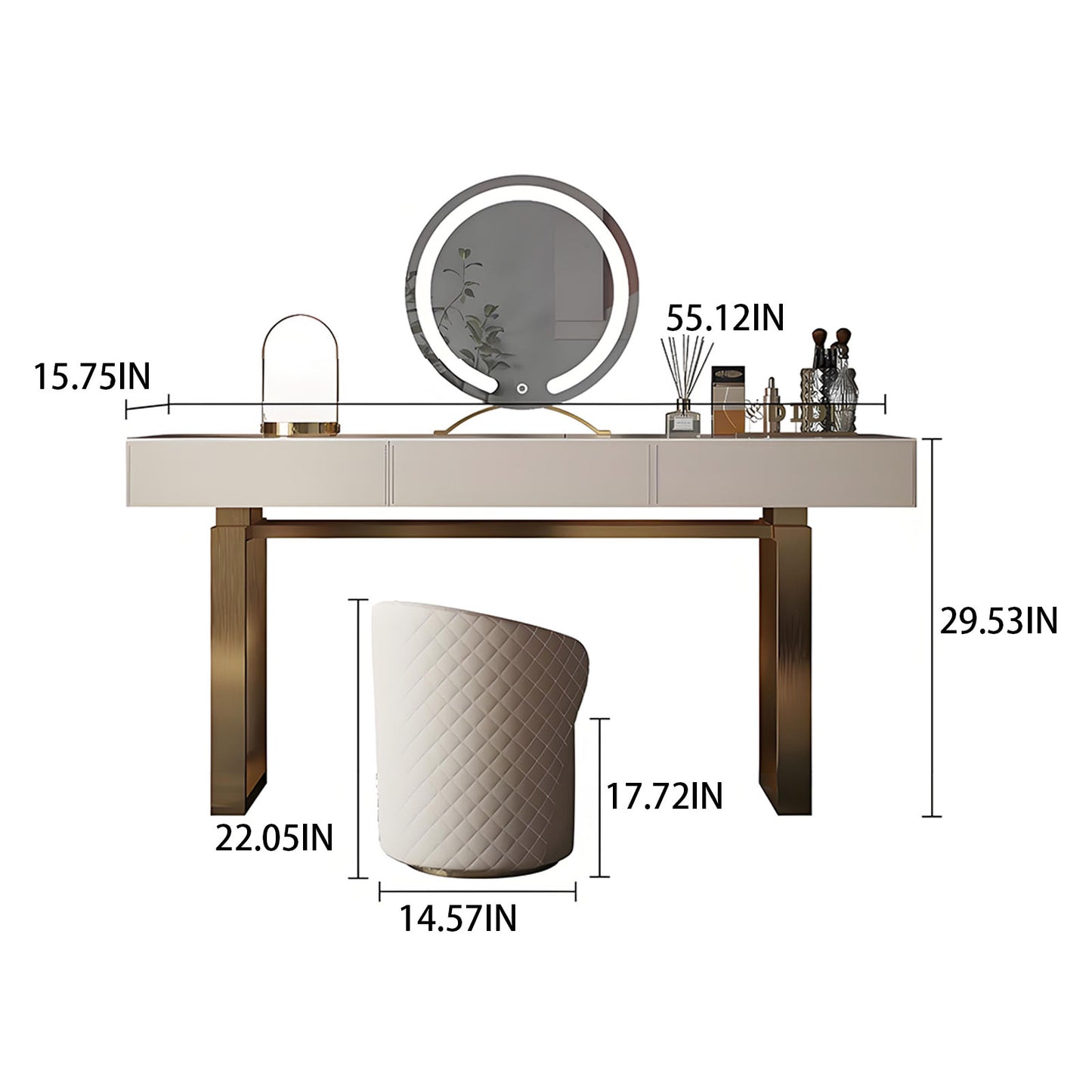 55''-71'' Leather Vanity Desk with Rock Slab Top and Smart LED Mirror & Stool,Solid Wood
