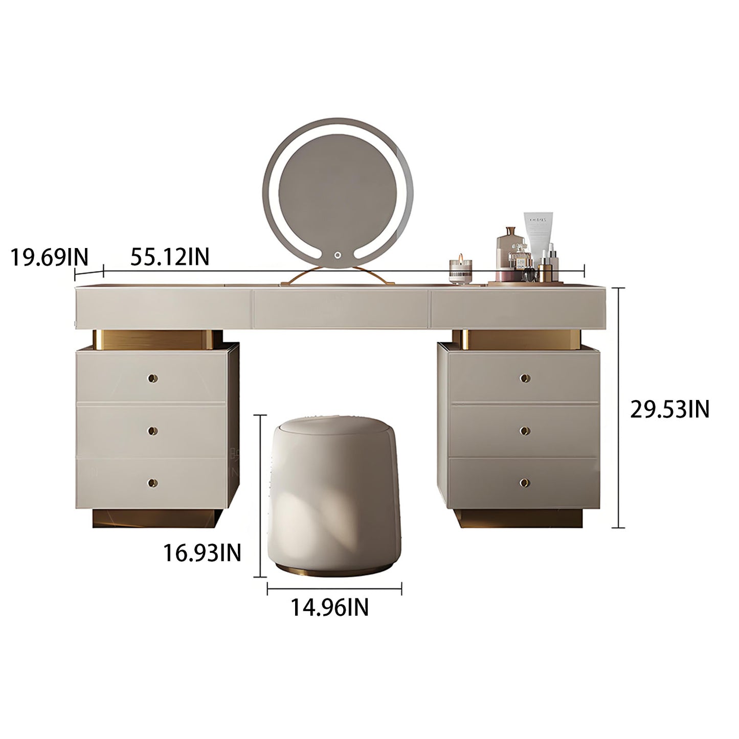 55-71'' Leather Makeup Vanity with 2 Cabinets and Smart LED Mirror & Stool,Rock Slab Top