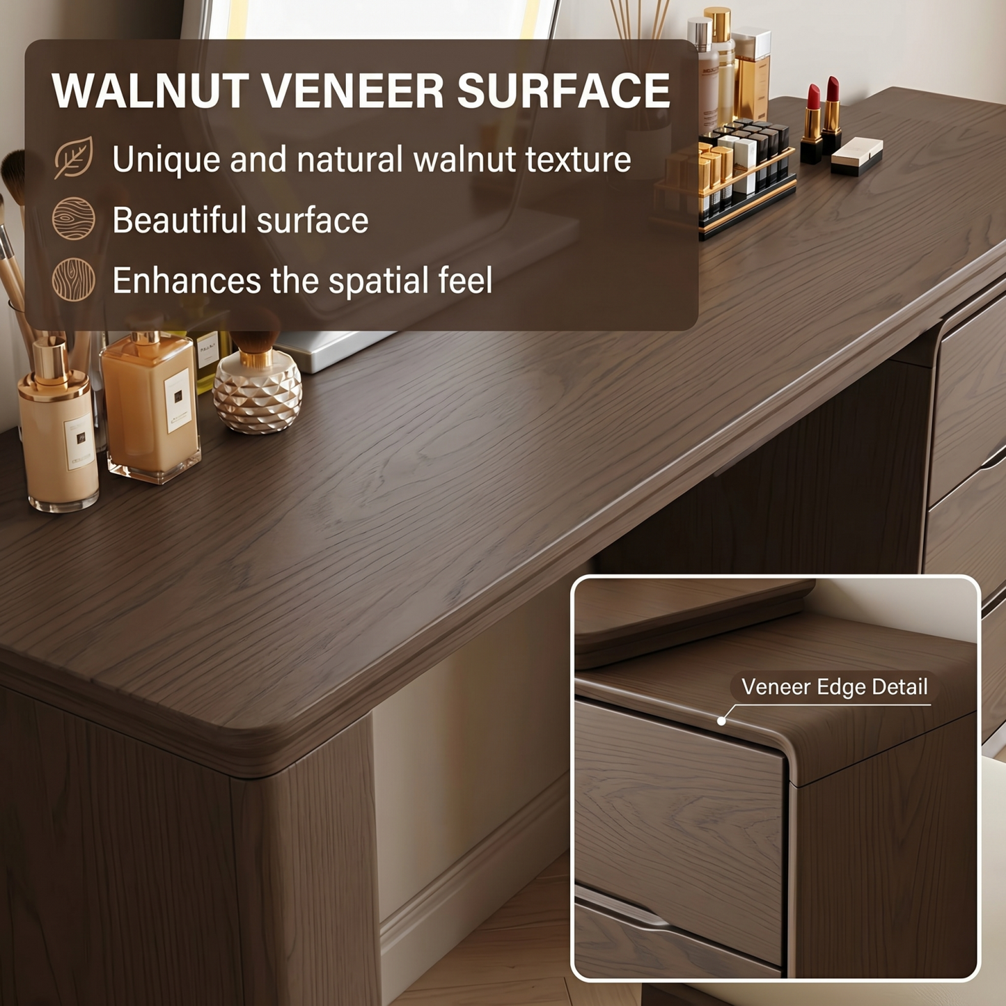 47''Vanity Set with Stool and Smart LED Light Mirror,Walnut Veneer & Storage Table Leg