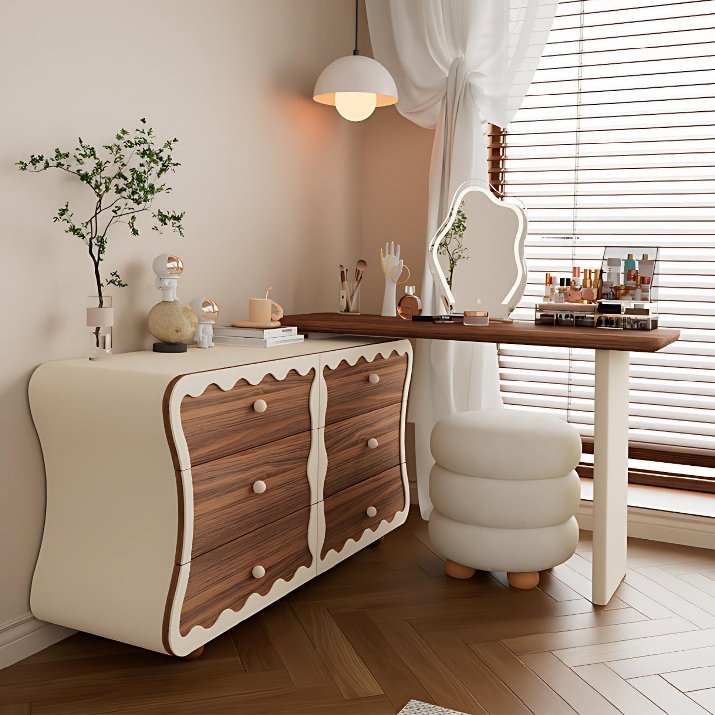 47''Mid Century Makeup Vanity with Smart Light Mirror and Stool,Walnut Veneer,Wavy Design