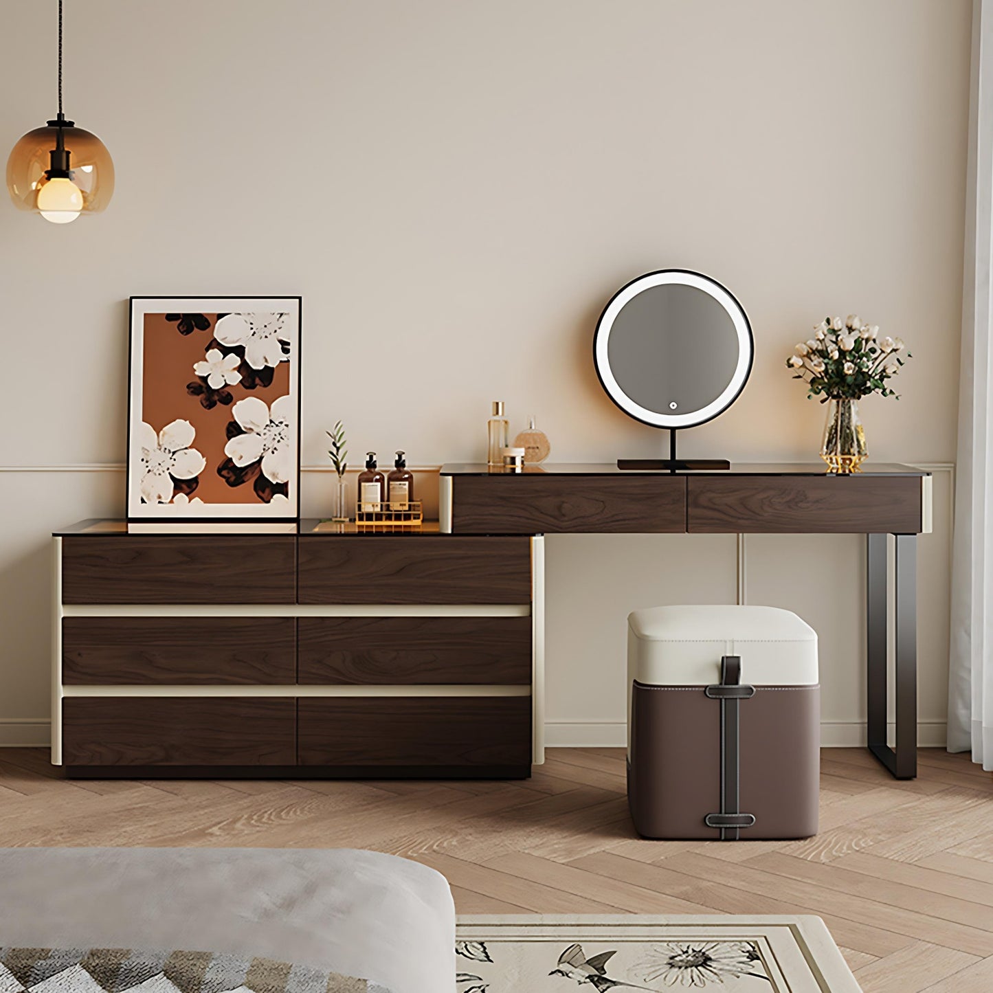 47'' Makeup Vanity with Tempered Glass Top and LED Ambient Lights,Mirror & Stool,Leather