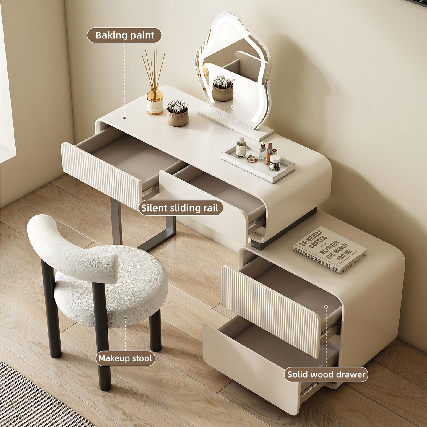 32''-47'' Makeup Vanity with Smart LED Lights Mirror & Stool,Vertical Stripes for Bedroom