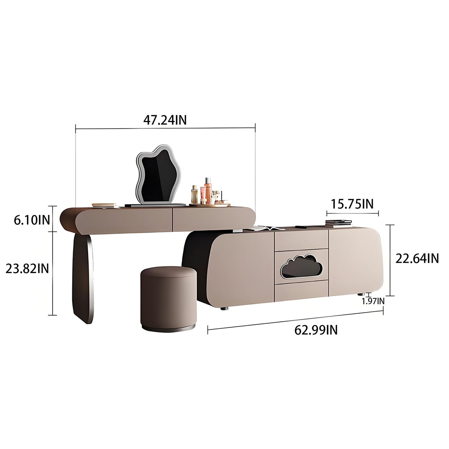 47''&63''Leather Makeup Vanity with Smart LED Light Mirror and Stool,Cloud Shaped Glass
