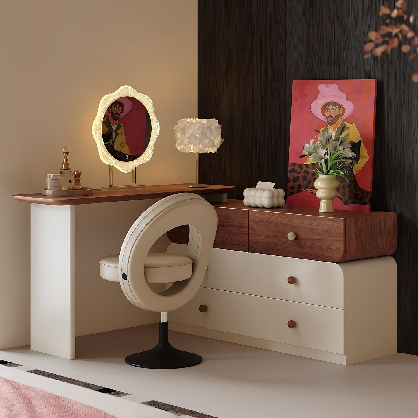 47'' Vanity Set with Walnut Veneer Top and Stool & Smart LED Lights Mirror for Bedroom