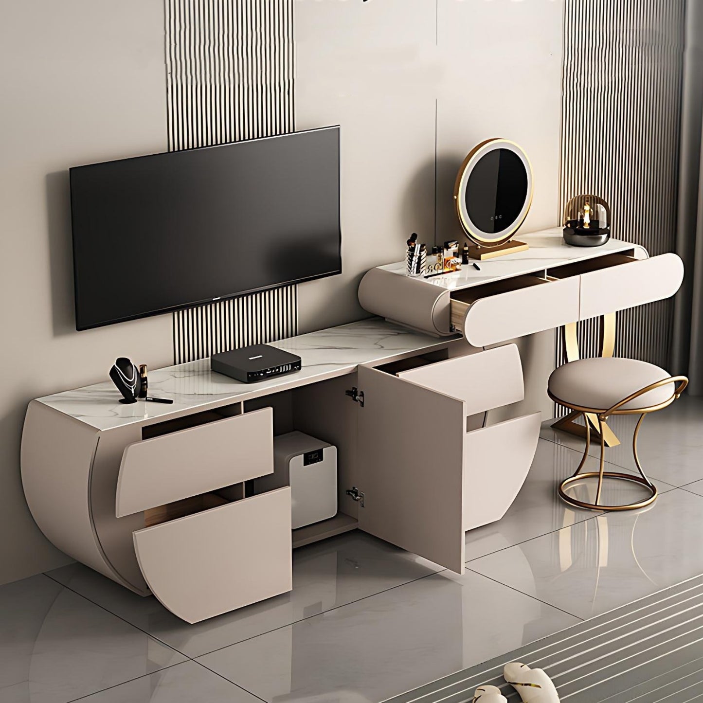 47'' & 63'' Leather Makeup Vanity with Stool and Smart LED Light Mirror,Rock Slab Top