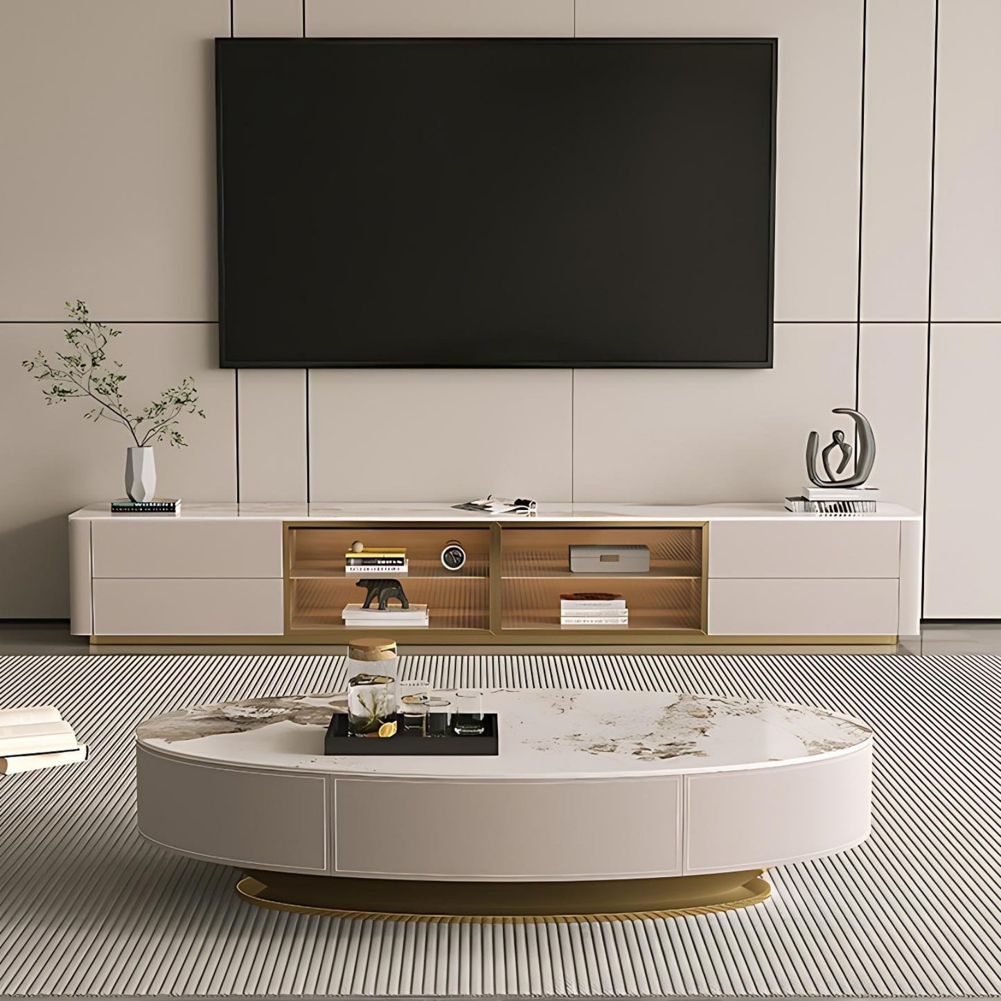 71''-94'' TV Stand with Glass Door & Rock Slab Countertop,Leather Entertainment Center