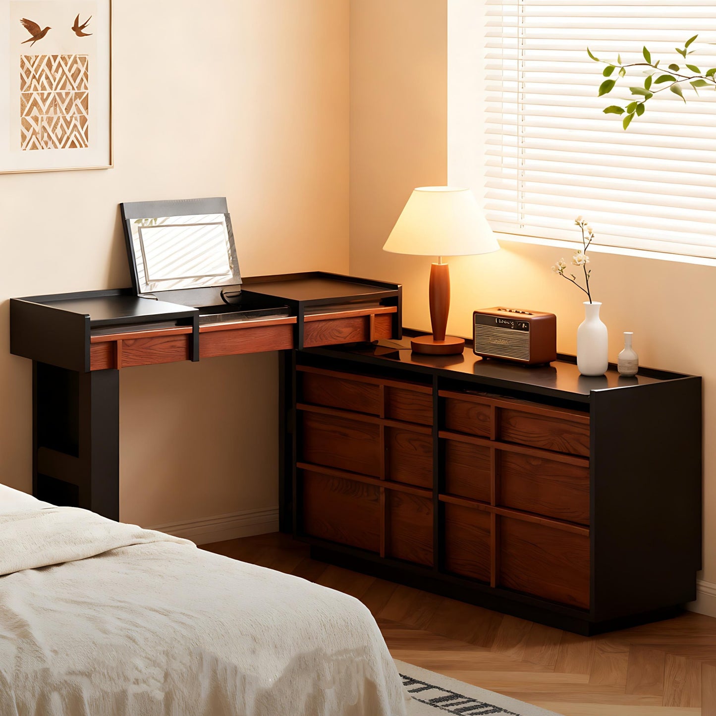 47'' Vanity Set with Mirror and Tempered Glass Top & LED Ambient Light,Stool,Mid Century