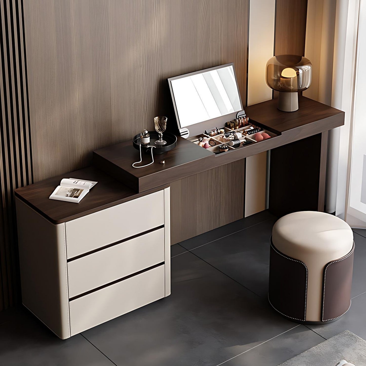 51''Mid Century Makeup Vanity with Flip up Mirror and Stool,Walnut Veneer,Leather Finish
