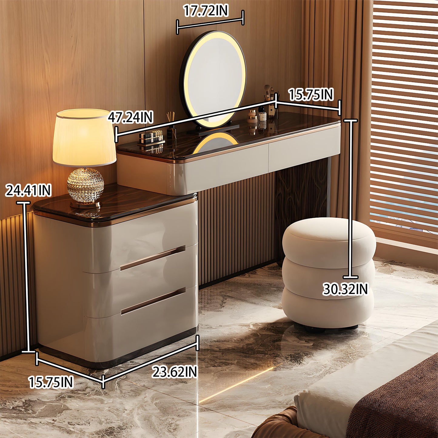 39''-47'' Vanity Desk with Tree Grain Veneer Top and Stool,LED Light Mirror,Baking Paint