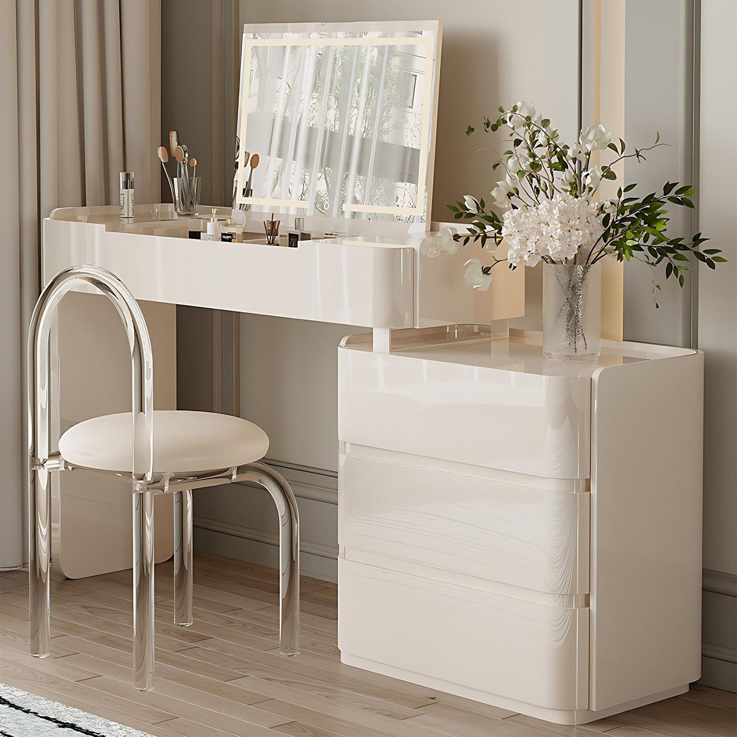 32''-47'' Vanity Desk with Flip up LED Lights Mirror and Stool,Baking Paint & Solid Wood