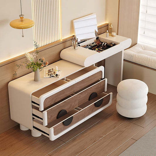 32''-47'' Makeup Vanity with Flip up Mirror and Walnut veneer & Stool for Bedroom