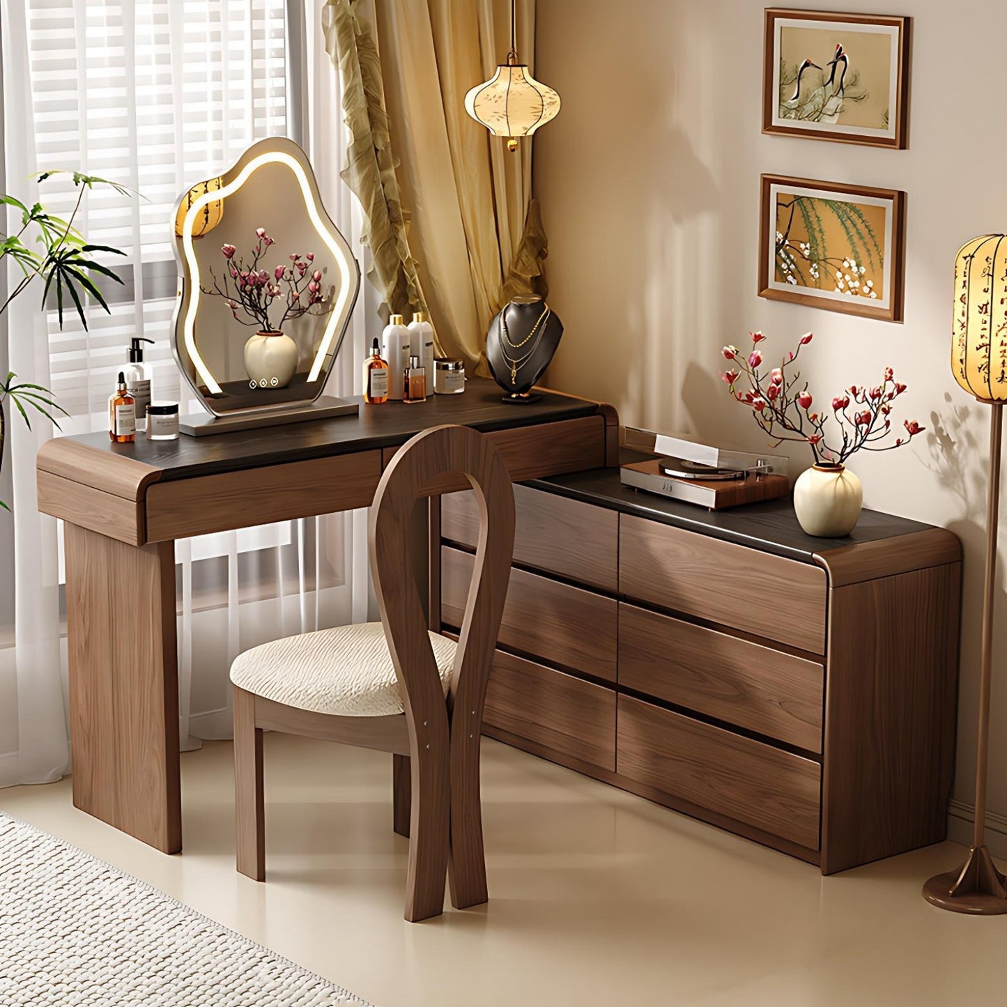 39''-47'' Makeup Vanity with Black Countertop and Smart LED Light Mirror & Stool,Walnut