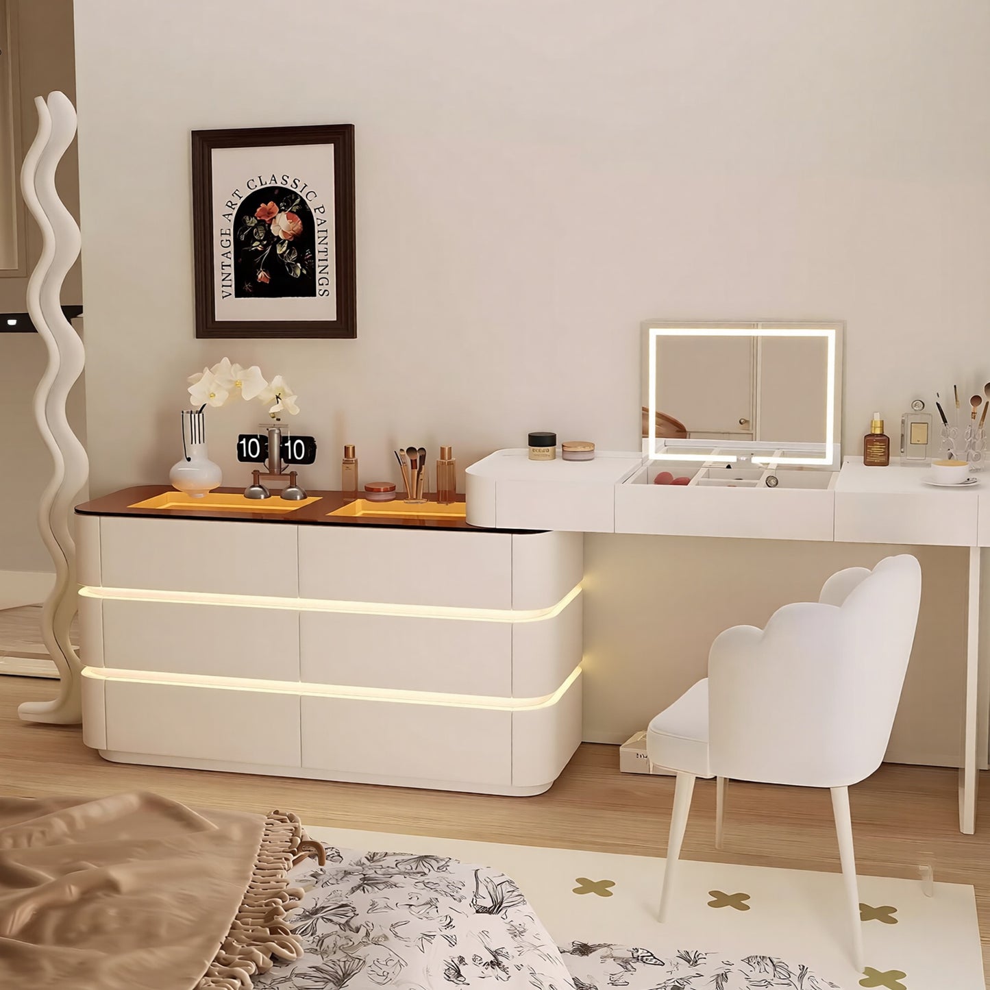 32''-47''Leather Vanity with Tempered Glass Top and LED Light & Flip up Smart Mirror,Stool