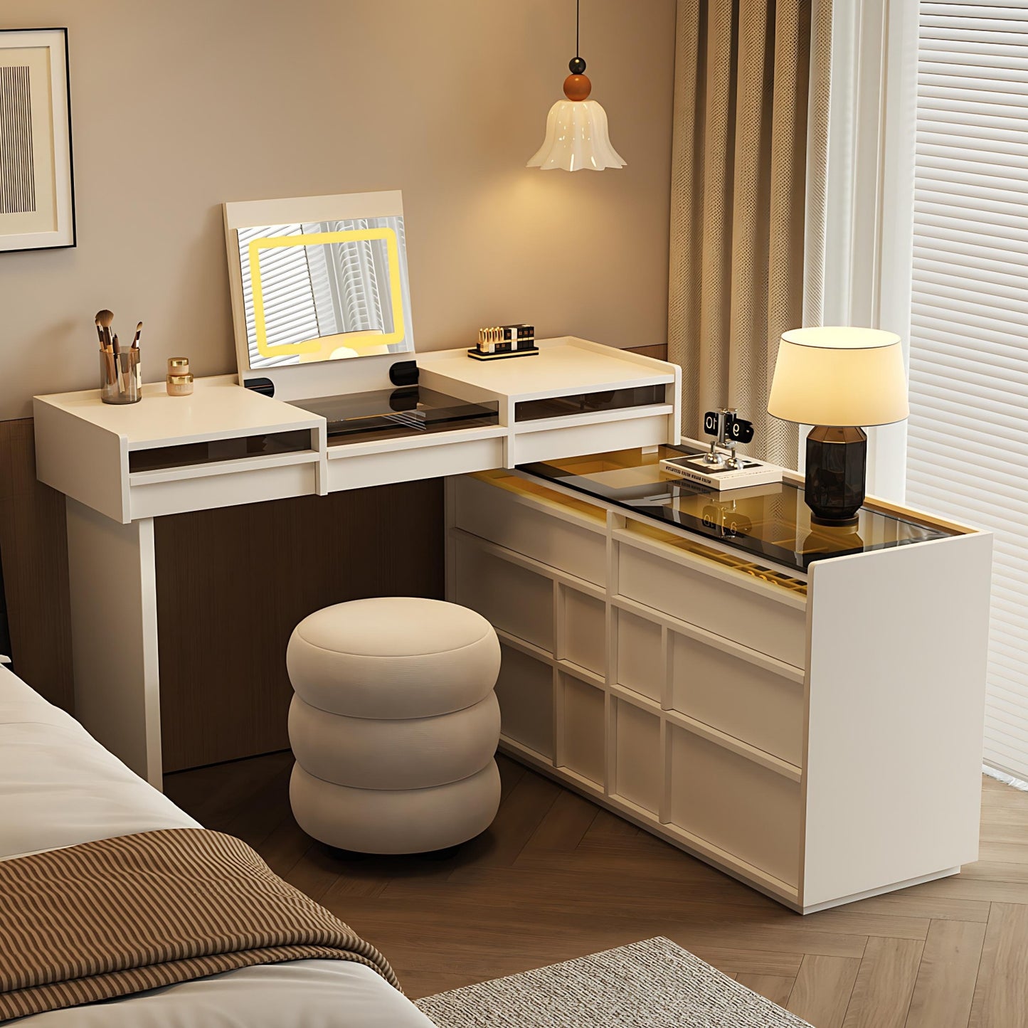 47''Makeup Vanity with Flip Smart Mirror and Stool,Tempered Glass Top & LED Ambient Light