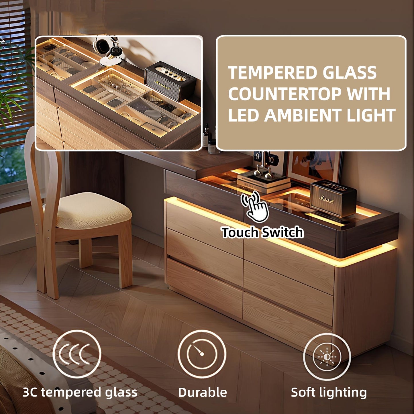 39''-47'' Makeup Vanity with Glass Top and LED Ambient Light & Flip up Mirror and Stool