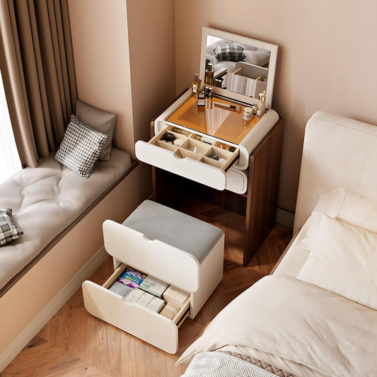 19.7'' Makeup Vanity with Flip up Mirror and Storage Stool,Glass Top & Leather Finish