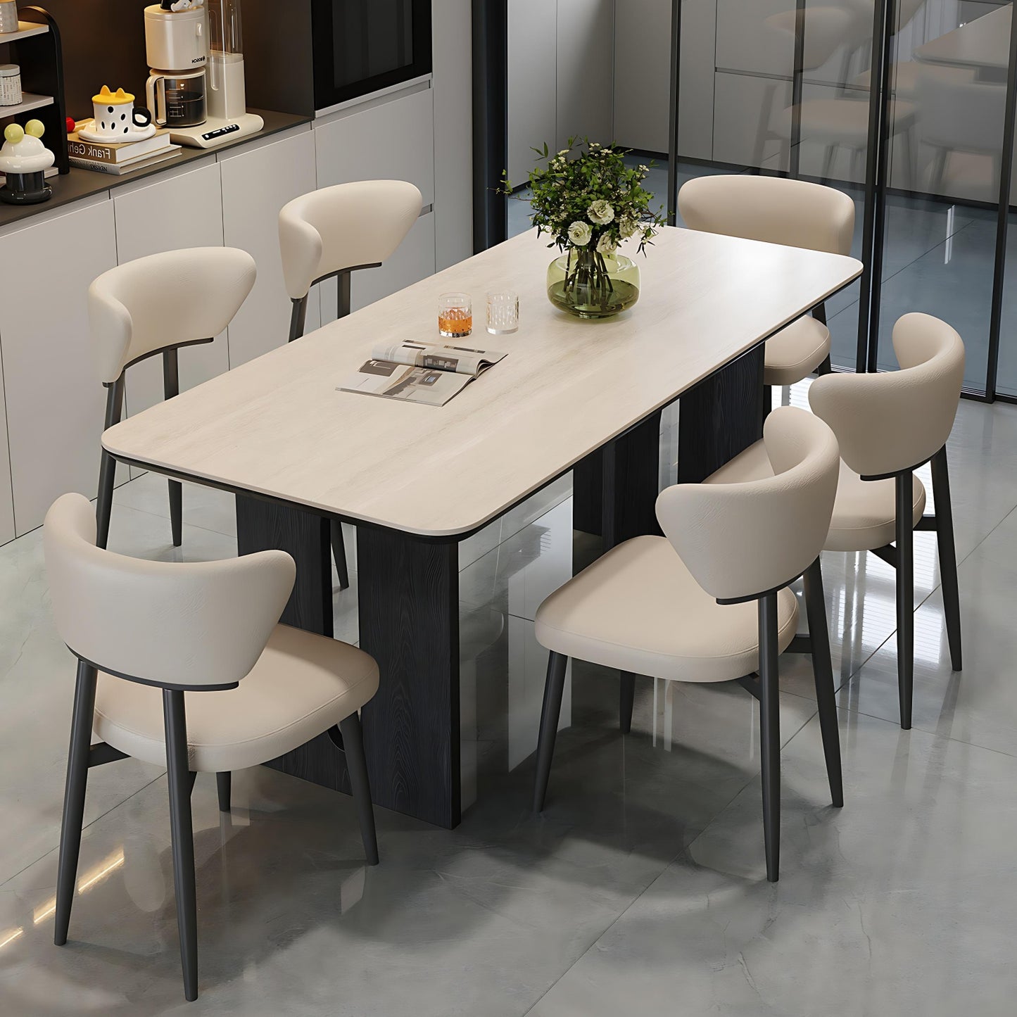 55''-71''Sintered Stone Dining Table with 4 Chairs & Ash Wood Legs for Kitchen