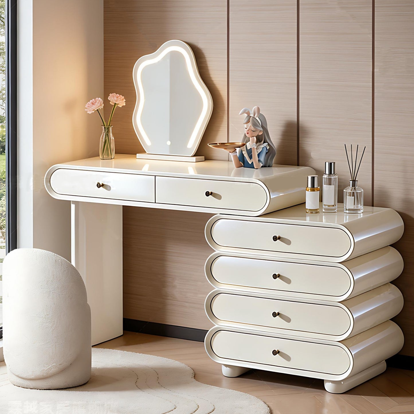 39'' Makeup Vanity with Smart LED Light Mirror and Stool,White,Baking Paint