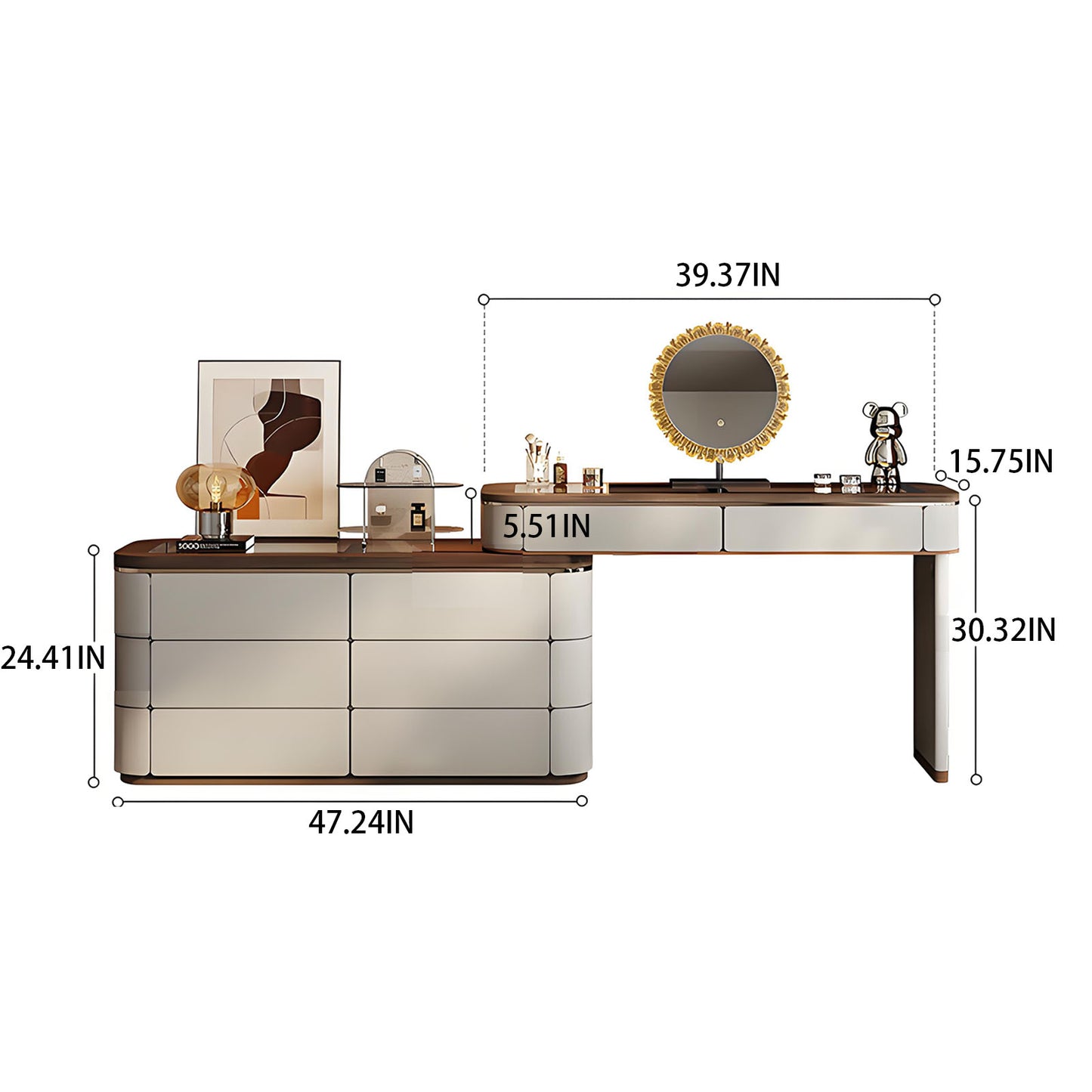 39'' Makeup Vanity with Tempered Glass Top and LED Ambient Light & Smart Mirror,Stool