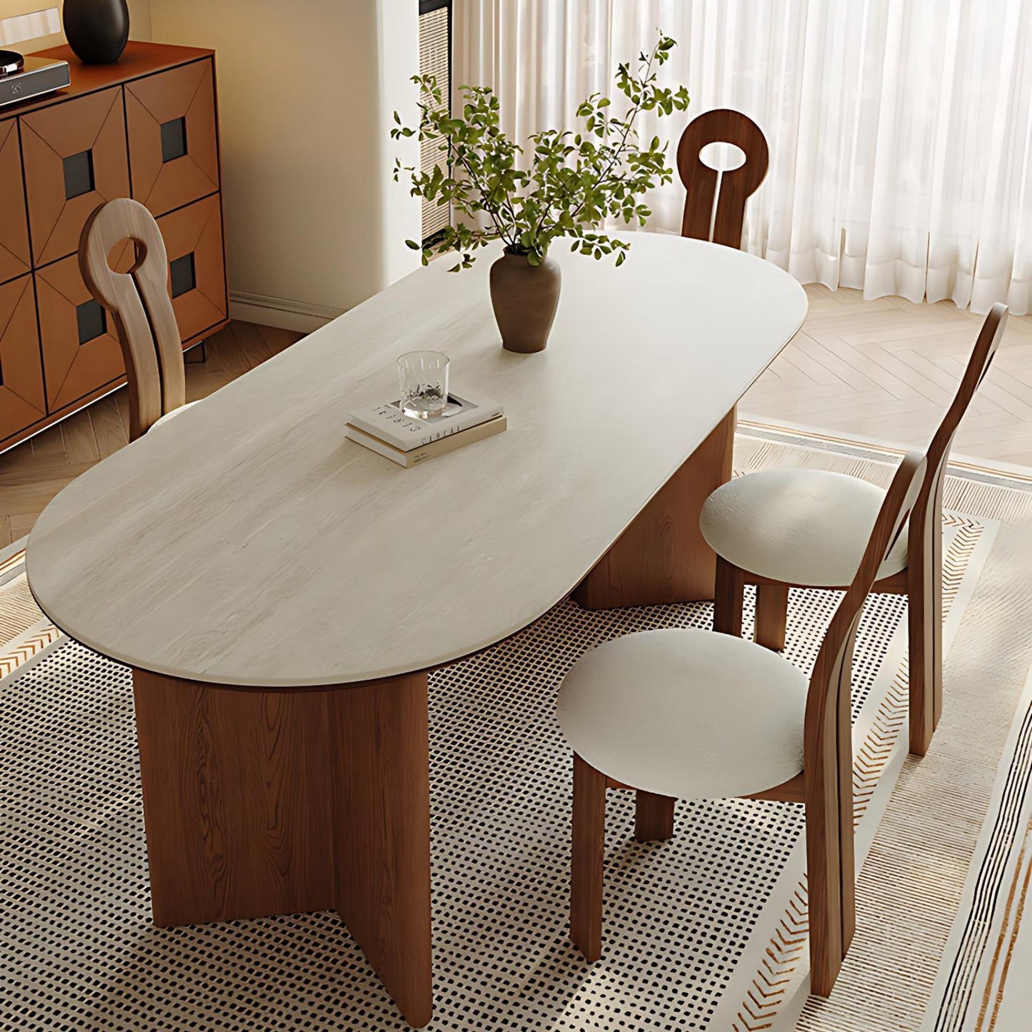 55''-71'' Oval Dining Table with 4 Chairs & Sintered Stone Top,Solid Wood,Walnut Veneer