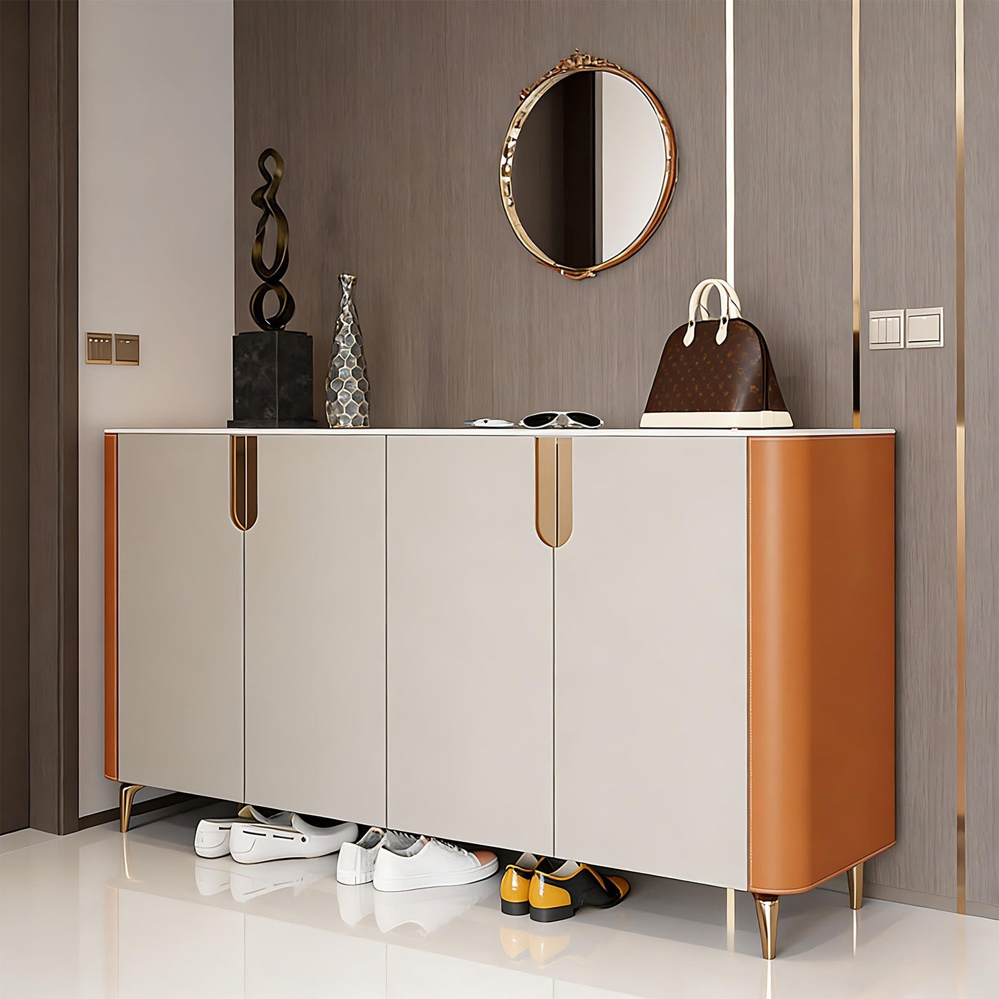 47''-71'' Leather Shoe Cabinet with Rock Slab Countertop & Stainless Steel Legs