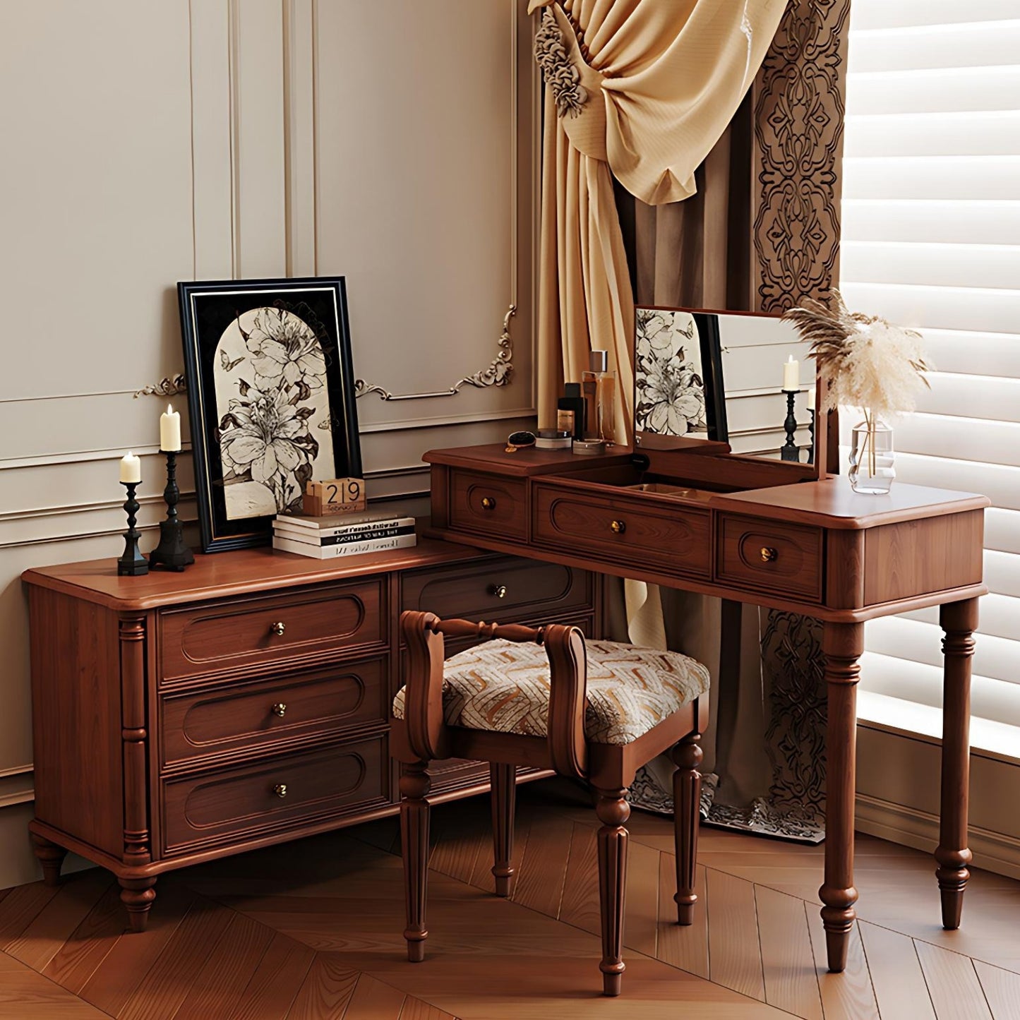 39''-47'' Retro Makeup Vanity with Stool & Mirror for Bedroom