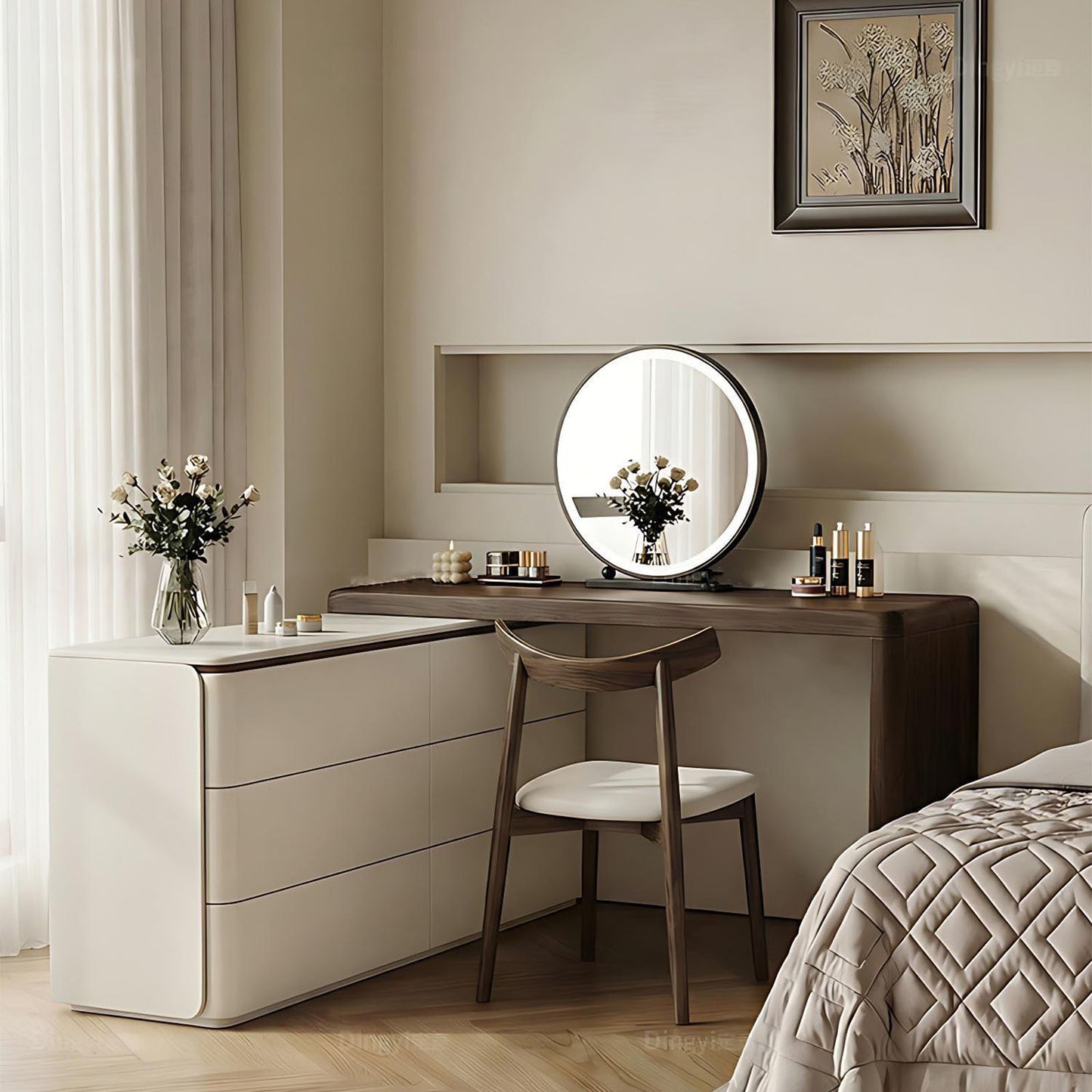 47'' Makeup Vanity with Walnut Veneer Top & Smart LED Lights Mirror and Stool,Mid Century