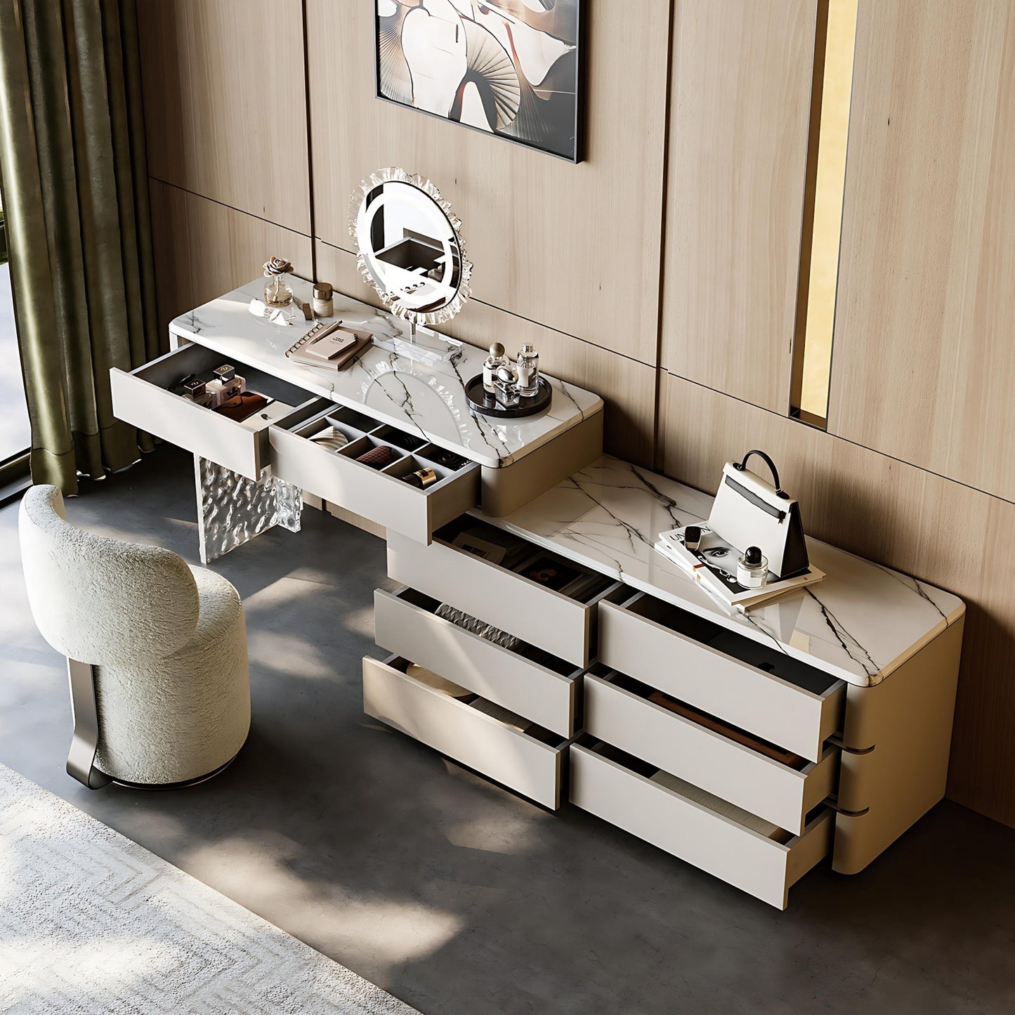 39''-47''Leather Makeup Vanity with Marble Top and Stool,Smart Mirror & Acrylic Legs
