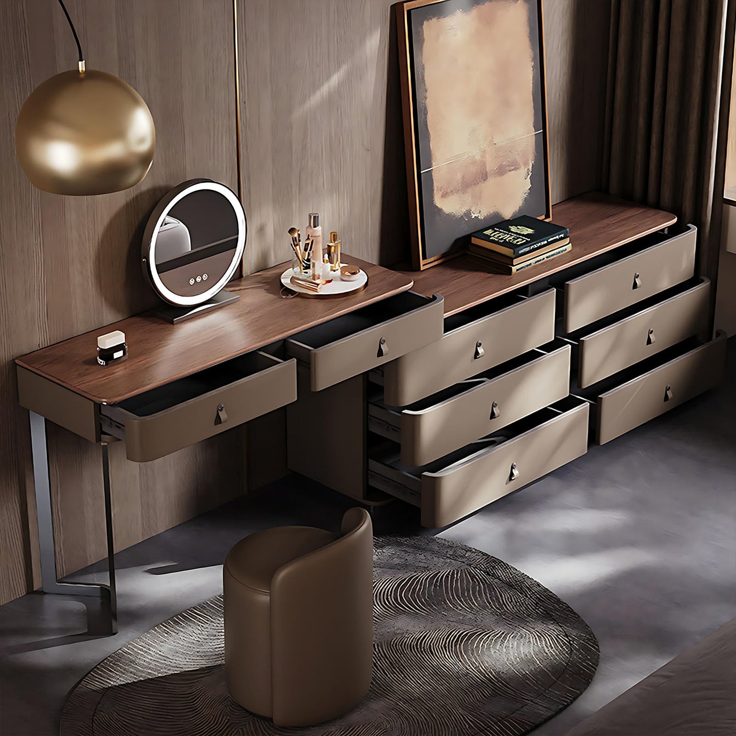 39''-47''Leather Vanity with Walnut Veneer Top and Smart LED Lights Mirror & Stool,59IN