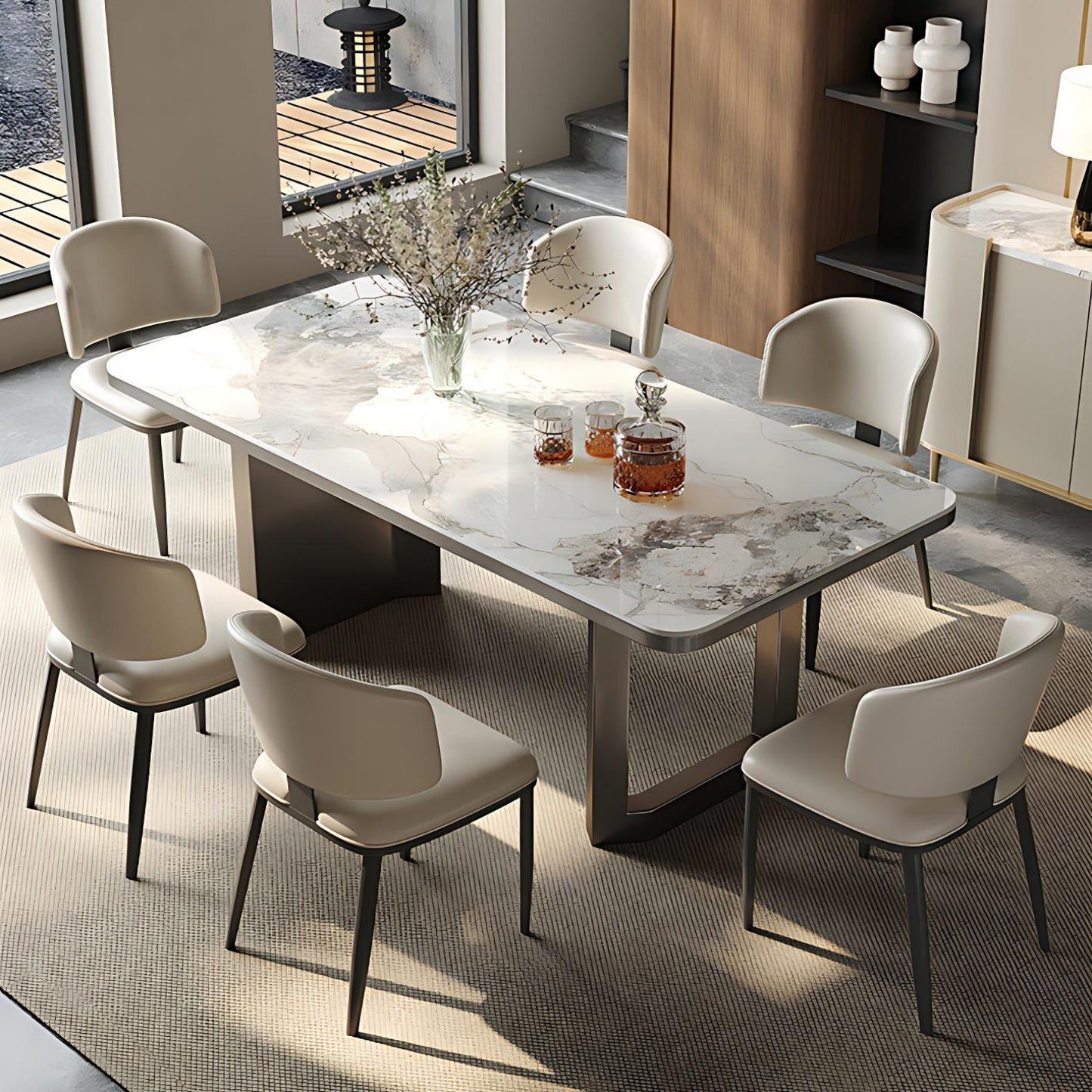55''-71''Sintered Stone Dining Table with 4 Chairs & Stainless steel Legs for 6-8 peoples