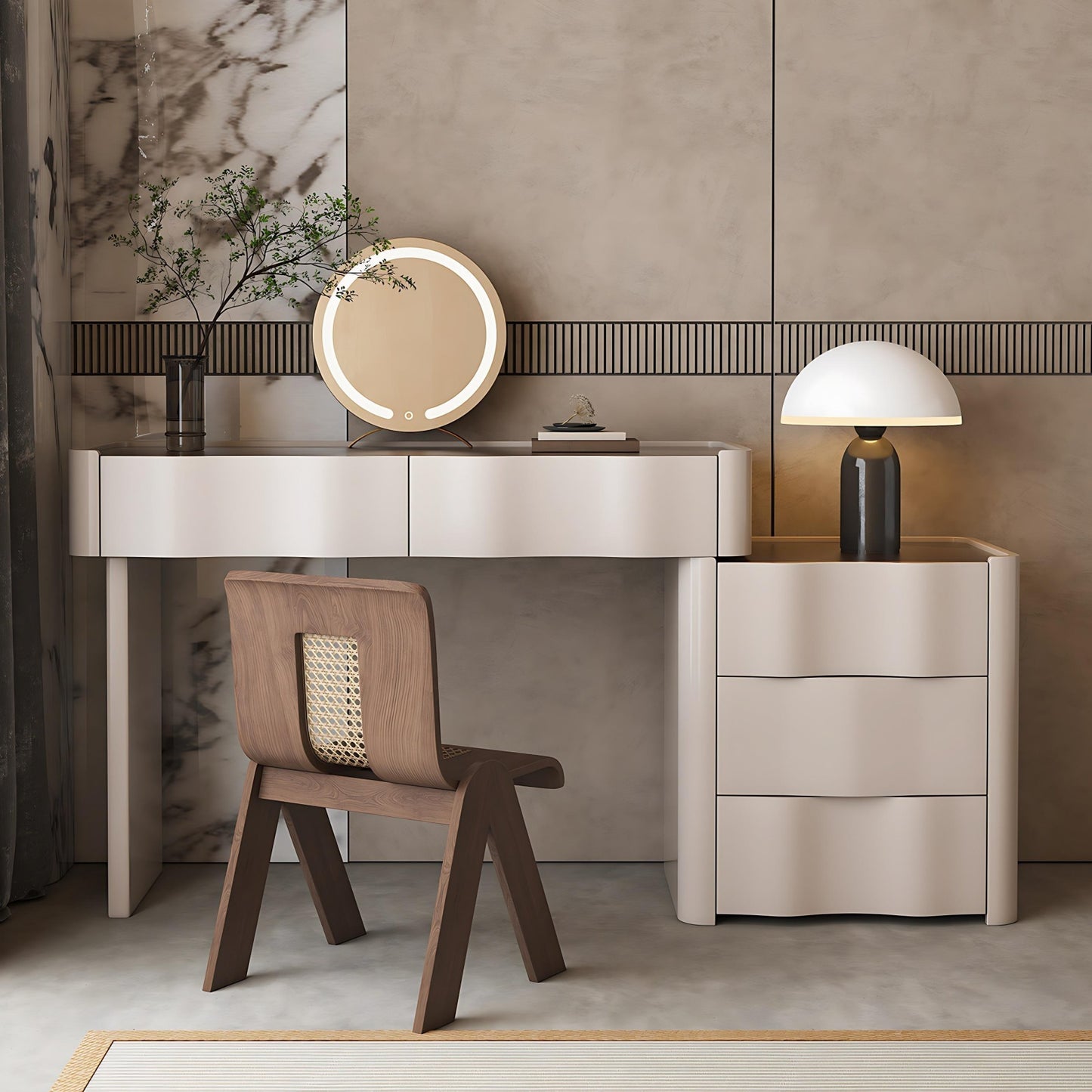 32''-47''Wave Shaped Makeup Vanity with Stool and Smart LED Light Mirror,Walnut Veneer Top