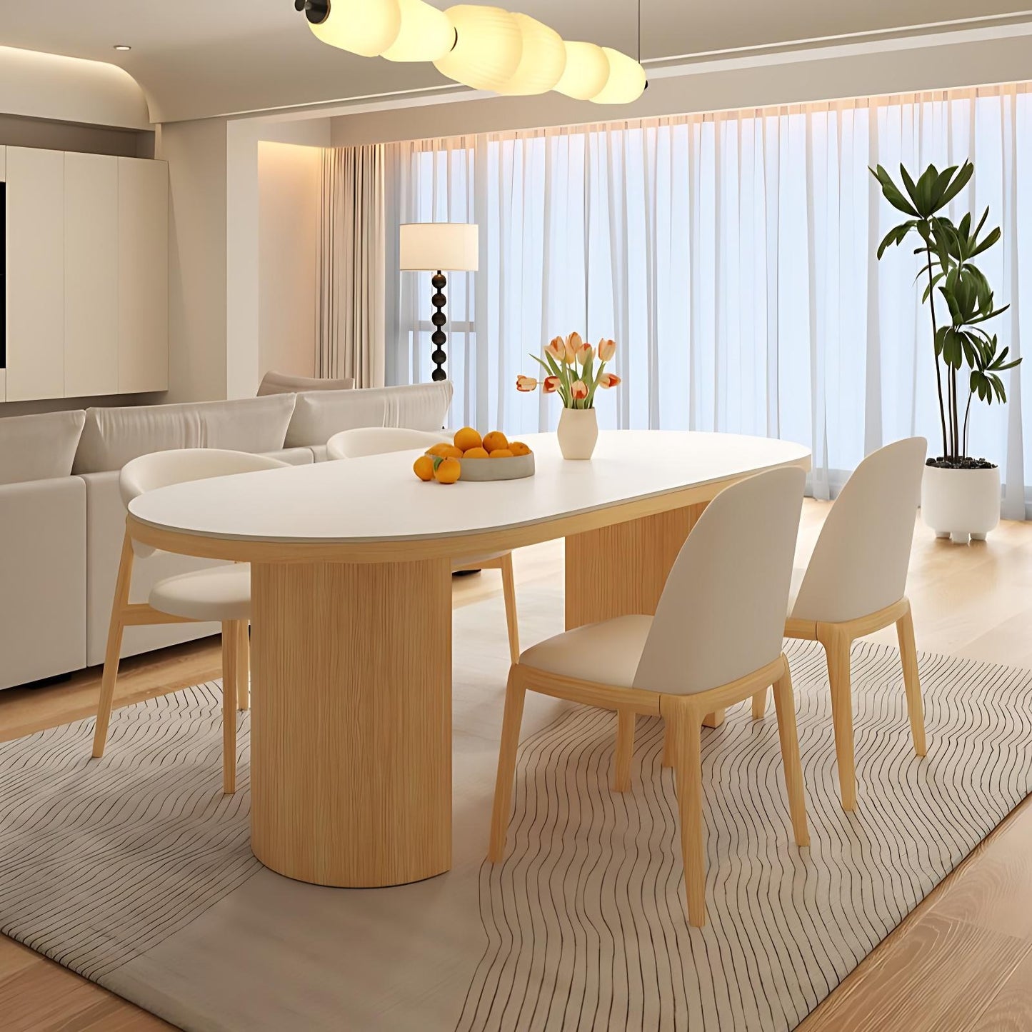 55''-79''Oval Dining Table with 4 Chairs & Rock Slab Top,Solid Wood Legs for 6-8 peoples