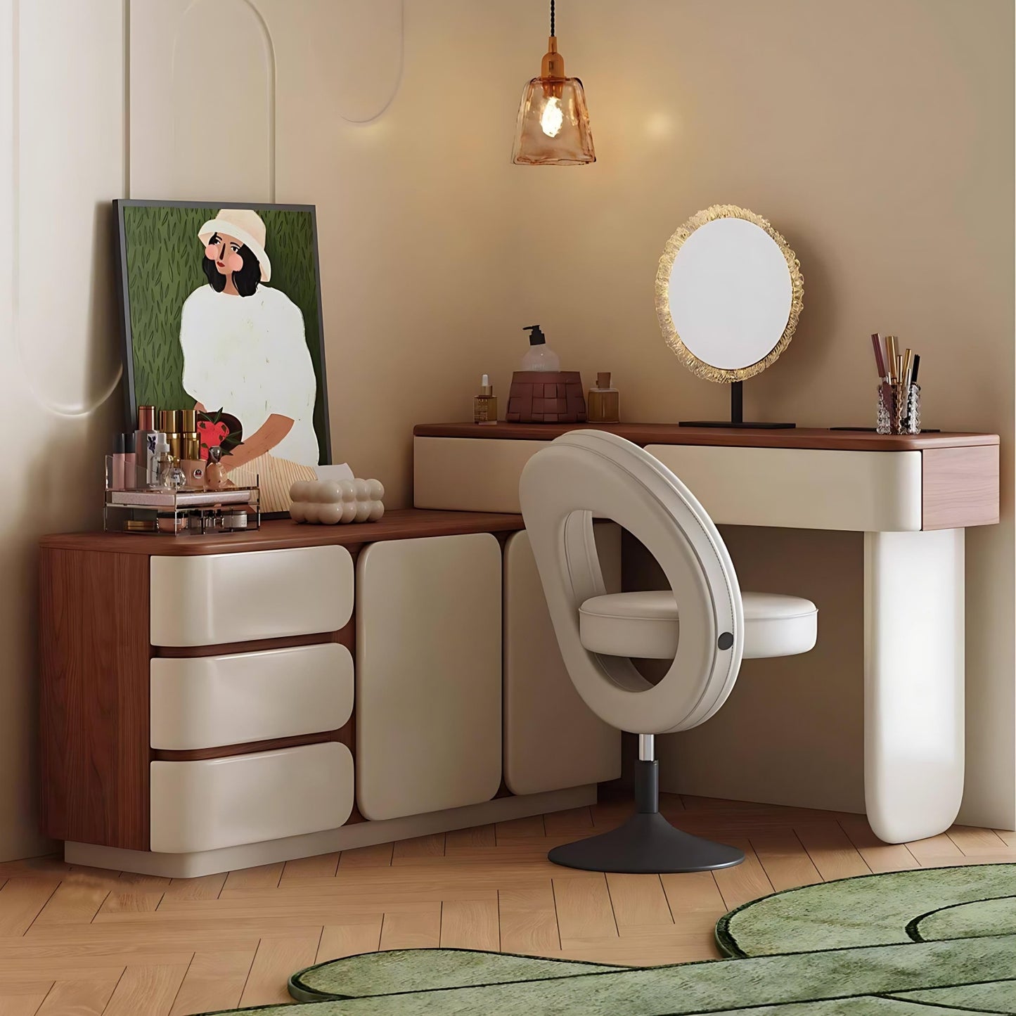 32''-47'' Mid Century Makeup Vanity with Walnut Veneer Top & Smart LED Mirror and Stool